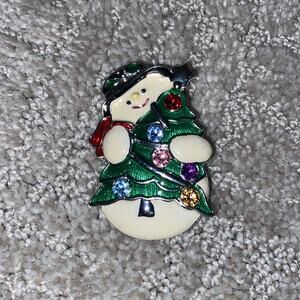 Vintage White Snowman Enamel Pin Holding Christmas Tree with Rhinestones Holly